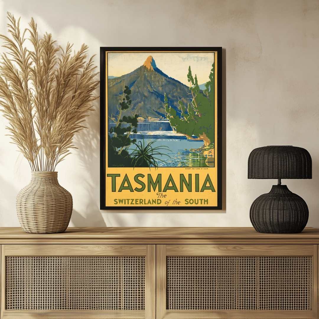 Vintage "Tasmania: The Switzerland of the South" Travel Poster | Vertical Retro Mount Ida & Lake St Clair White Framed Wall Art 2 : 3 Vertical Premium Wall Art Canvas by MeriDeewar