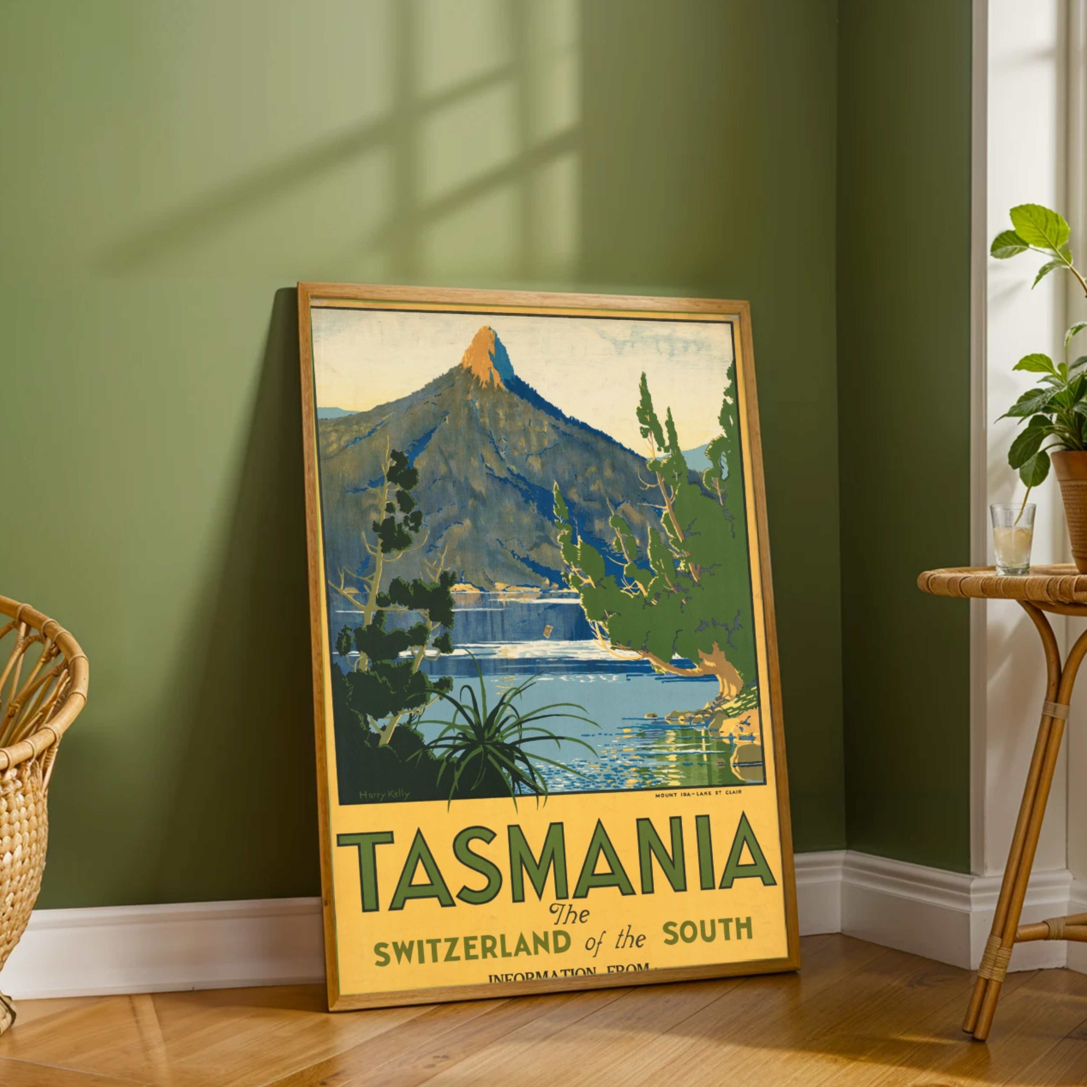 Vintage "Tasmania: The Switzerland of the South" Travel Poster | Vertical Retro Mount Ida & Lake St Clair White Framed Wall Art 2 : 3 Vertical Premium Wall Art Canvas by MeriDeewar