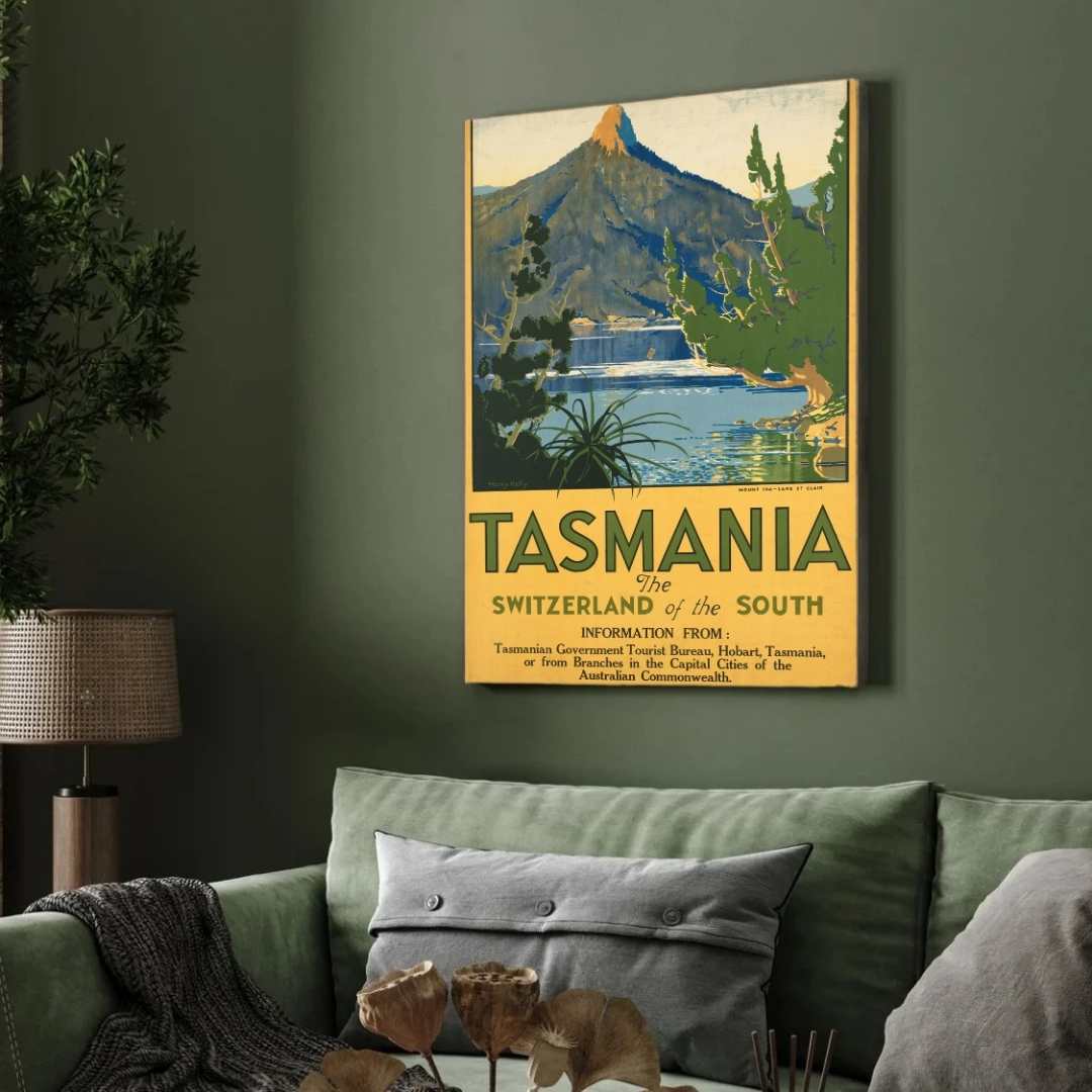 Vintage "Tasmania: The Switzerland of the South" Travel Poster | Vertical Retro Mount Ida & Lake St Clair White Framed Wall Art 2 : 3 Vertical Premium Wall Art Canvas by MeriDeewar