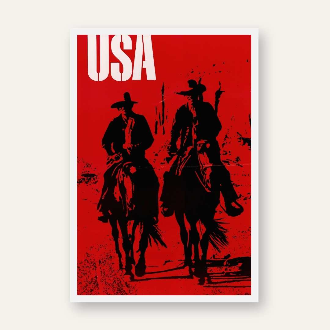 Vintage "USA" Western Cowboy Silhouette Poster | Vertical White Framed Wall Art 2 : 3 Vertical Premium Wall Art Canvas by MeriDeewar