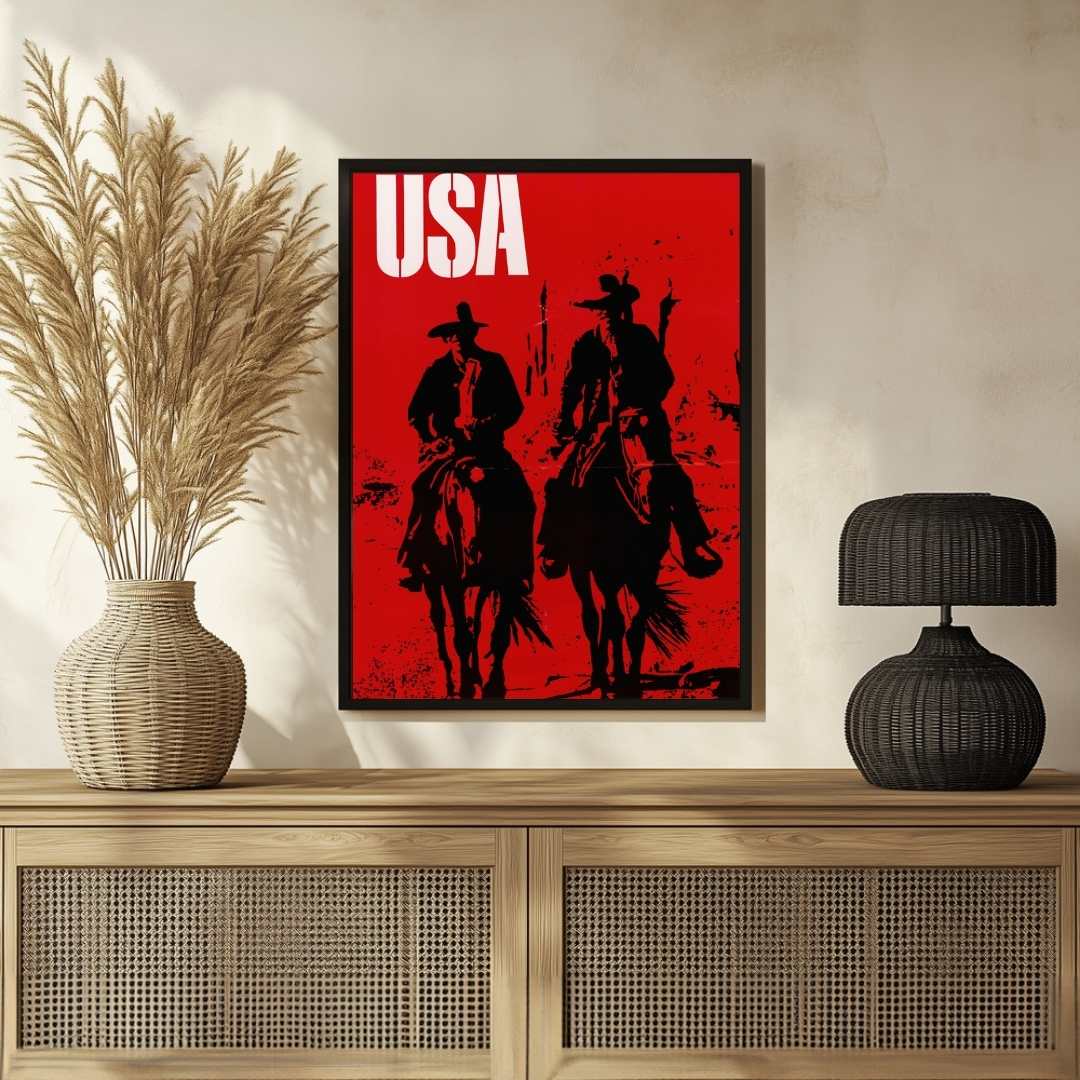 Vintage "USA" Western Cowboy Silhouette Poster | Vertical White Framed Wall Art 2 : 3 Vertical Premium Wall Art Canvas by MeriDeewar