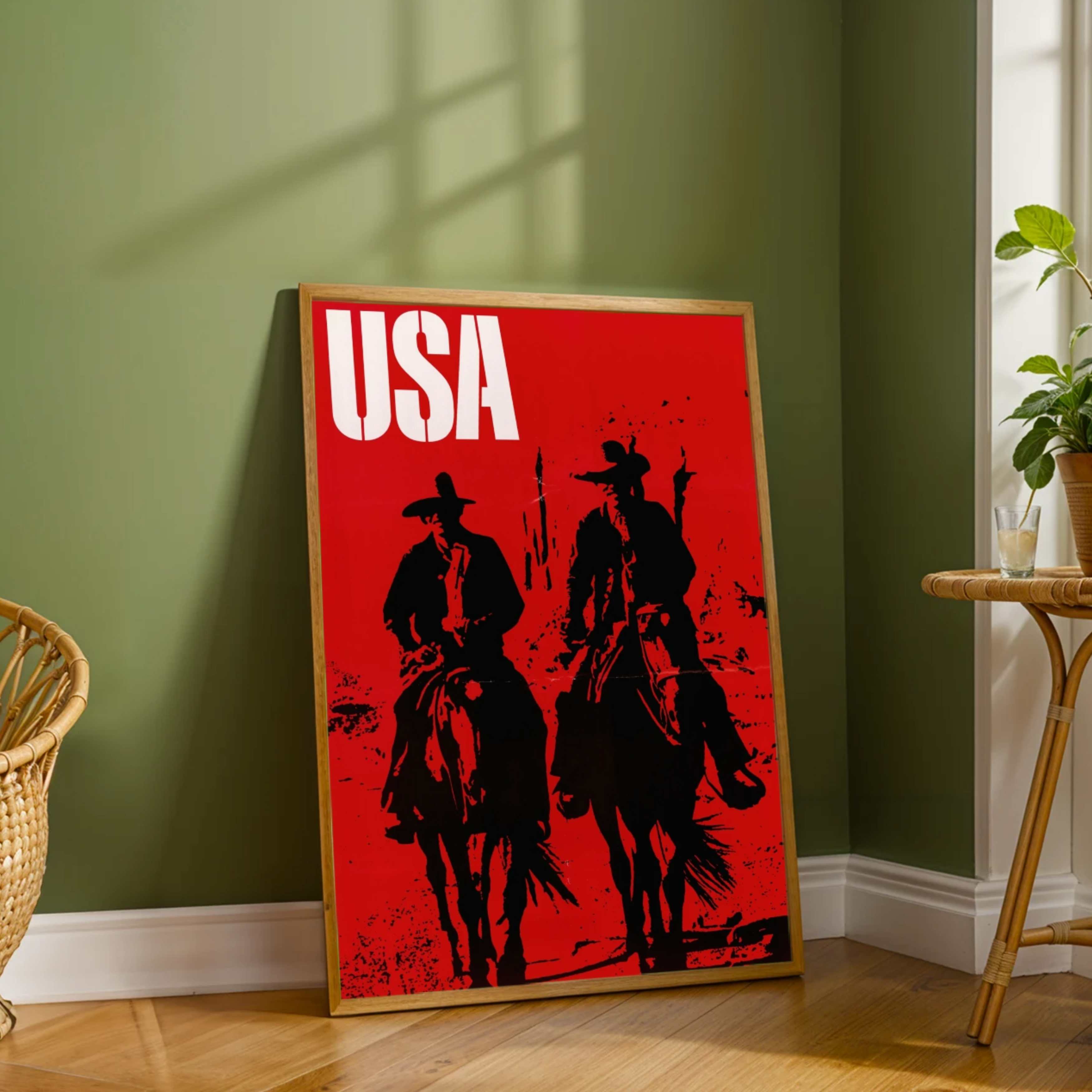 Vintage "USA" Western Cowboy Silhouette Poster | Vertical White Framed Wall Art 2 : 3 Vertical Premium Wall Art Canvas by MeriDeewar