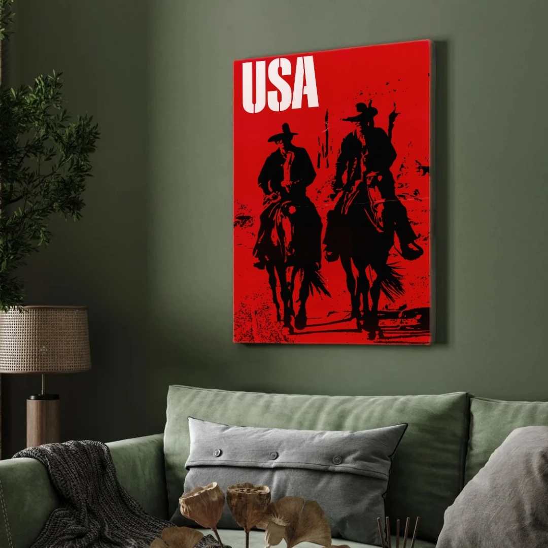 Vintage "USA" Western Cowboy Silhouette Poster | Vertical White Framed Wall Art 2 : 3 Vertical Premium Wall Art Canvas by MeriDeewar