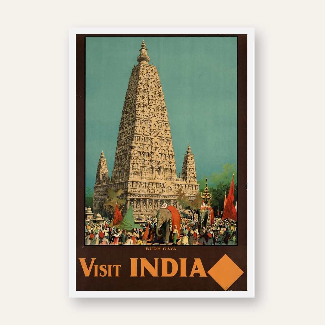 Vintage "Visit India" Budh Gaya Travel Poster | Vertical Retro Mahabodhi Temple & Elephant Procession White Framed Wall Art 2 : 3 Vertical Premium Wall Art Canvas by MeriDeewar