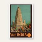 Vintage "Visit India" Budh Gaya Travel Poster | Vertical Retro Mahabodhi Temple & Elephant Procession White Framed Wall Art 2 : 3 Vertical Premium Wall Art Canvas by MeriDeewar