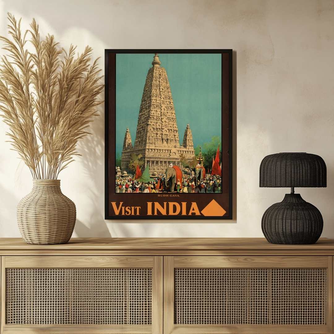 Vintage "Visit India" Budh Gaya Travel Poster | Vertical Retro Mahabodhi Temple & Elephant Procession White Framed Wall Art 2 : 3 Vertical Premium Wall Art Canvas by MeriDeewar