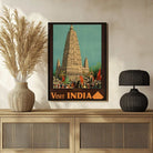 Vintage "Visit India" Budh Gaya Travel Poster | Vertical Retro Mahabodhi Temple & Elephant Procession White Framed Wall Art 2 : 3 Vertical Premium Wall Art Canvas by MeriDeewar