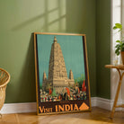 Vintage "Visit India" Budh Gaya Travel Poster | Vertical Retro Mahabodhi Temple & Elephant Procession White Framed Wall Art 2 : 3 Vertical Premium Wall Art Canvas by MeriDeewar