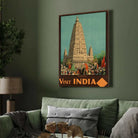 Vintage "Visit India" Budh Gaya Travel Poster | Vertical Retro Mahabodhi Temple & Elephant Procession White Framed Wall Art 2 : 3 Vertical Premium Wall Art Canvas by MeriDeewar