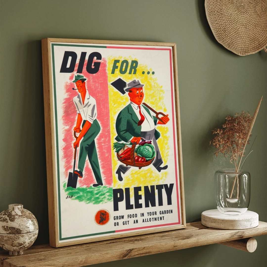 Vintage WWII British Gardening Propaganda Poster | Vertical Retro White Framed Wall Art 2 : 3 Vertical Premium Wall Art Canvas by MeriDeewar