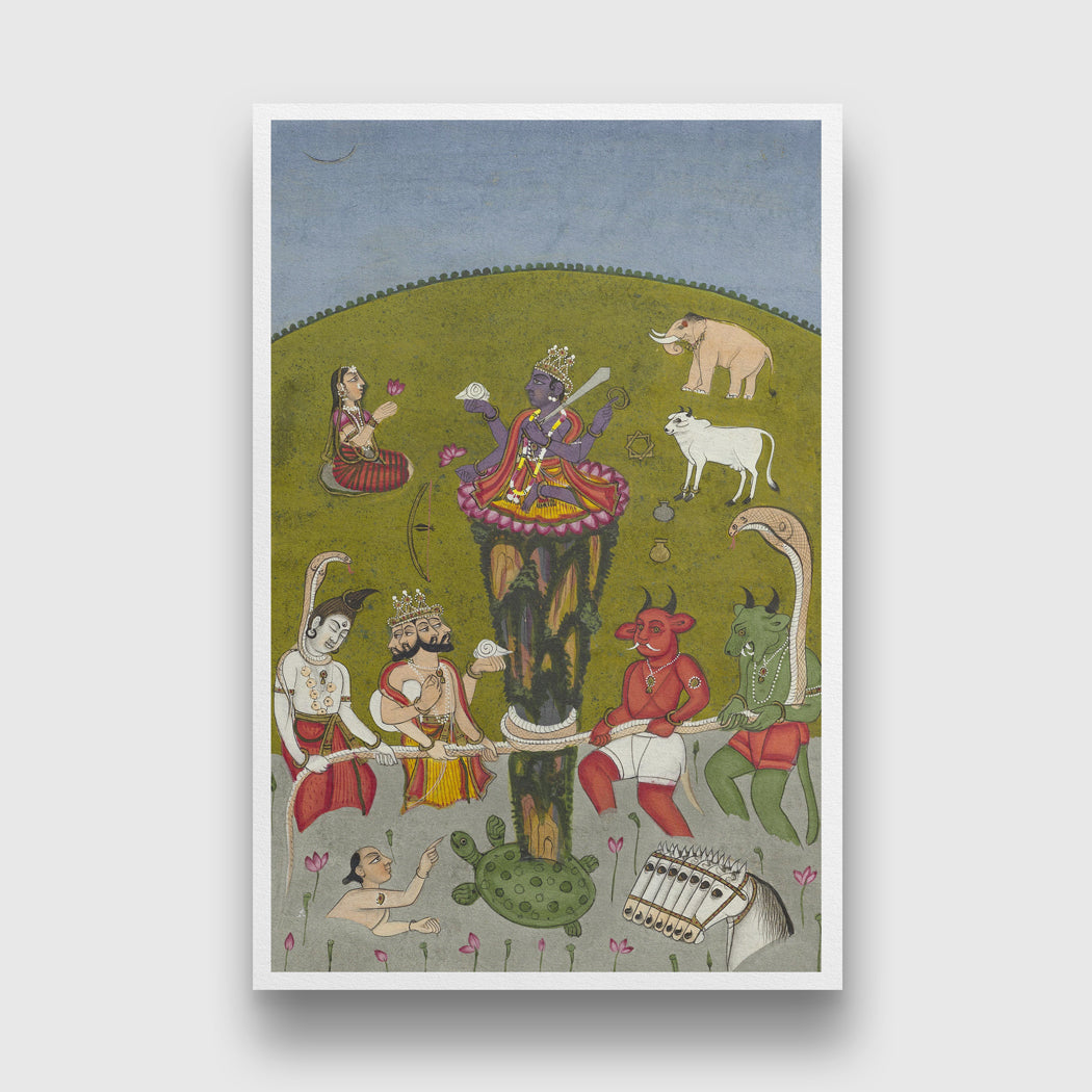 Vishnu as Kurma supporting Mount Mandara Painting 2 : 3 Vertical Premium Wall Art Canvas by MeriDeewar