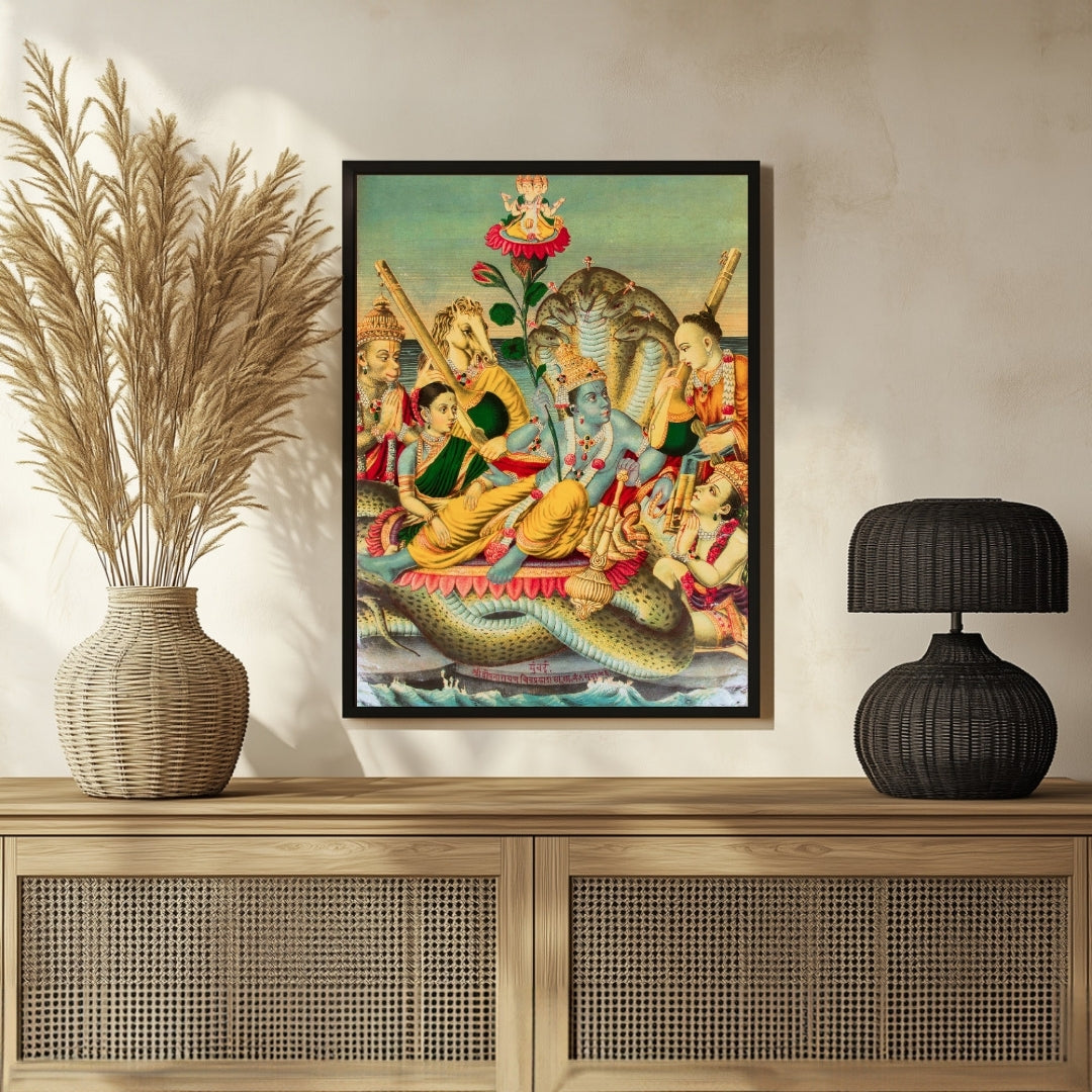 Vishnu Reclining on Shesha – Spiritual Wall Art, MeriDeewar 3 : 4 Vertical New Premium Wall Art Canvas by MeriDeewar