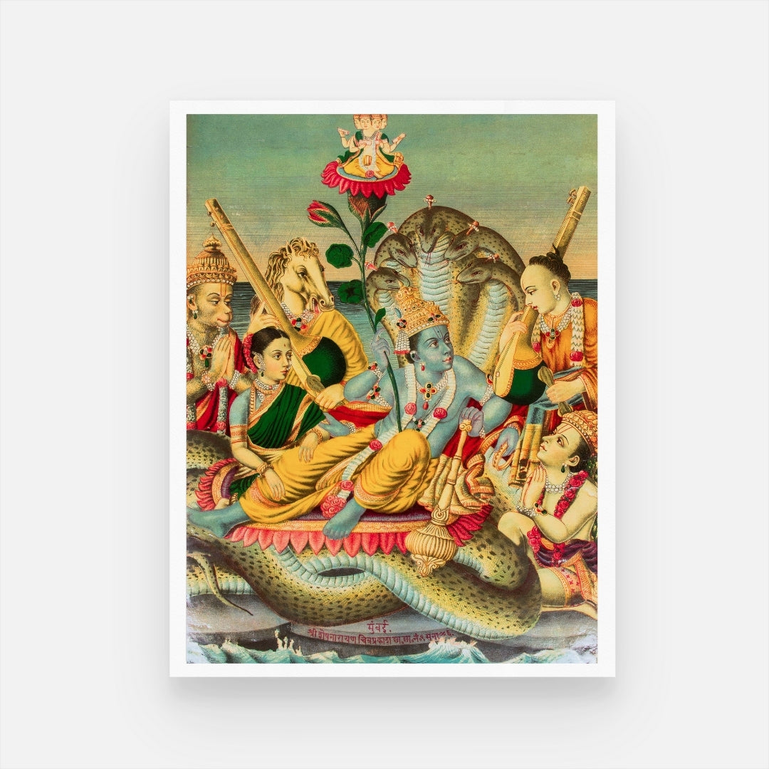 Vishnu Reclining on Shesha – Spiritual Wall Art, MeriDeewar 3 : 4 Vertical New Premium Wall Art Canvas by MeriDeewar