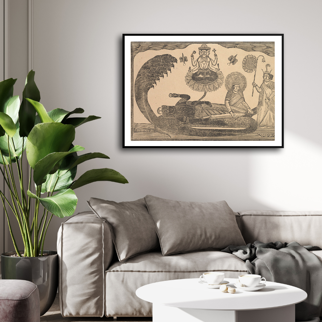 Vishnu reclining on the ocean with Brahma springing from a lotus Painting 3 : 2 Horizontal Premium Wall Art Canvas by MeriDeewar
