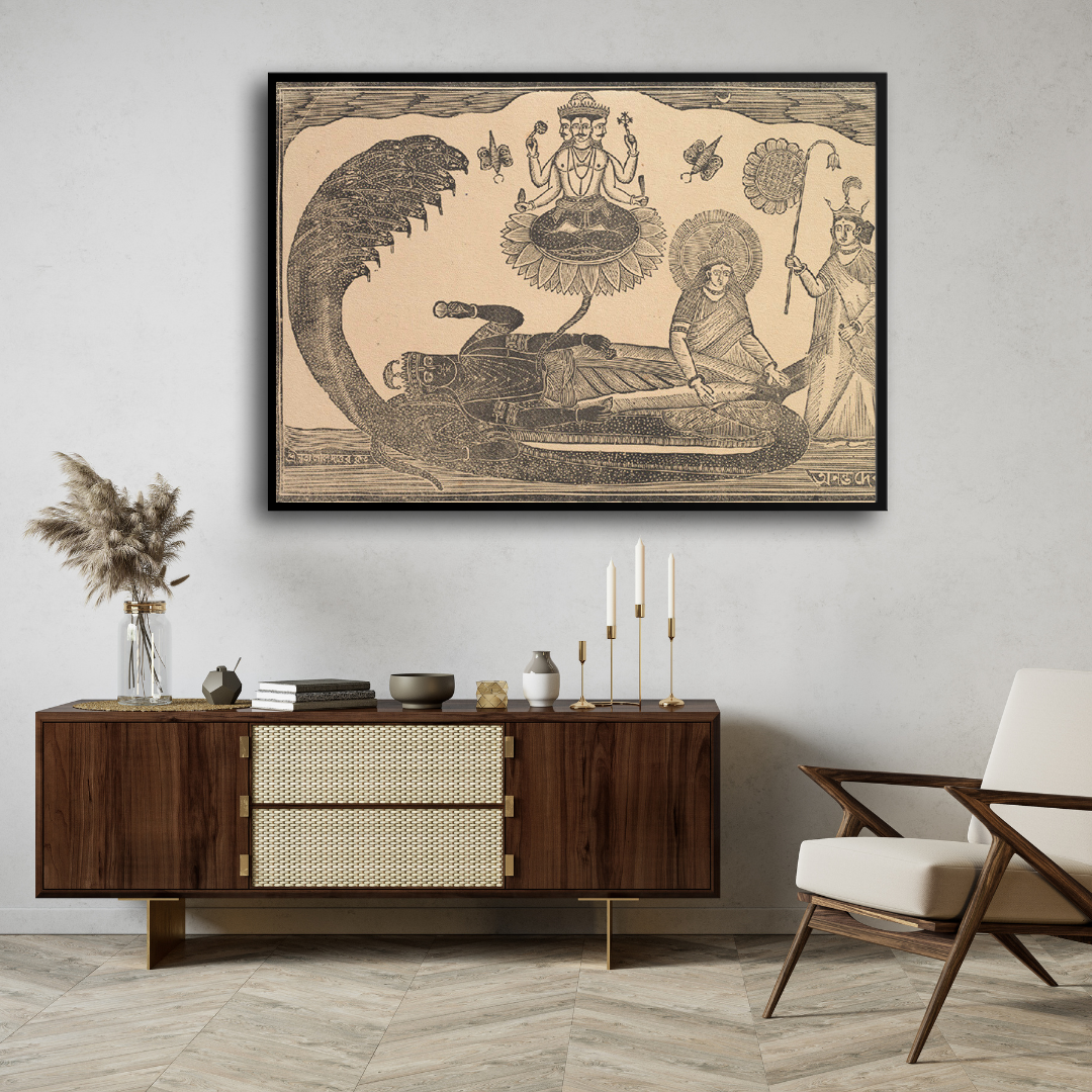 Vishnu reclining on the ocean with Brahma springing from a lotus Painting 3 : 2 Horizontal Premium Wall Art Canvas by MeriDeewar