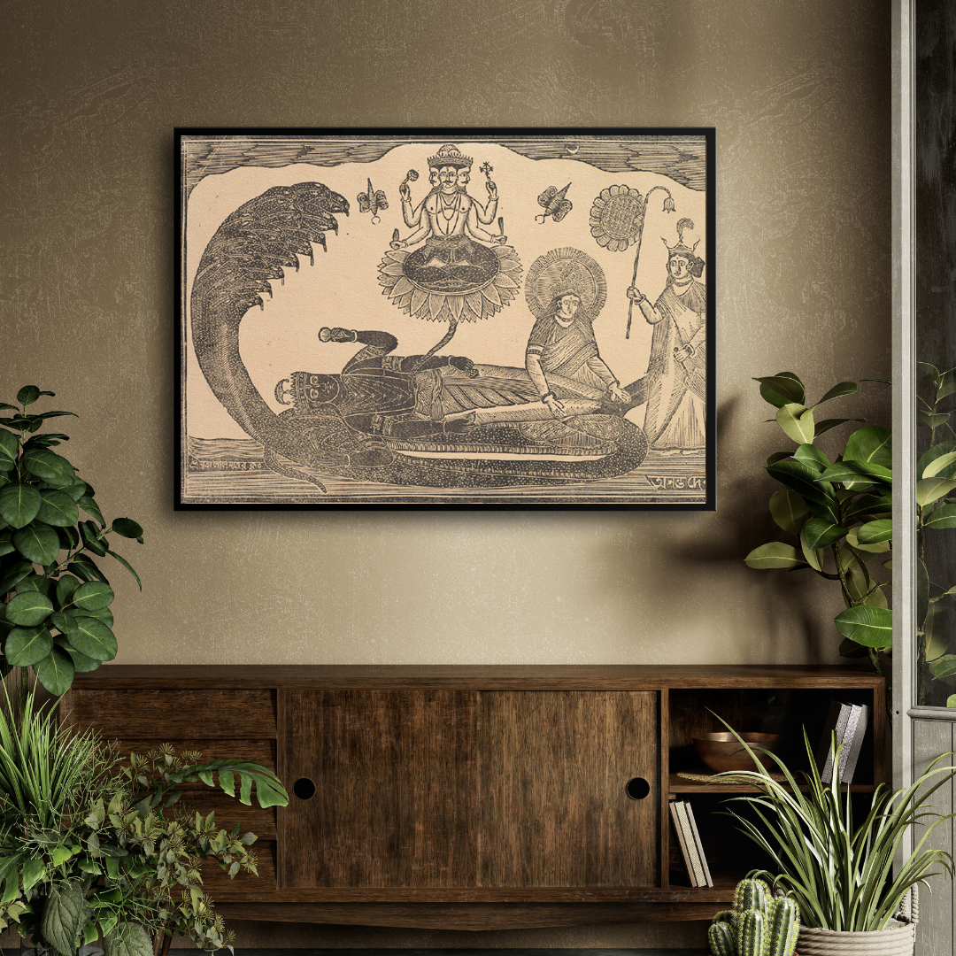 Vishnu reclining on the ocean with Brahma springing from a lotus Painting 3 : 2 Horizontal Premium Wall Art Canvas by MeriDeewar