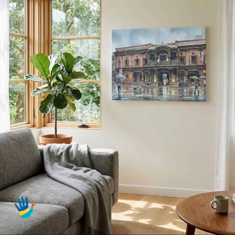 Vishrambaug Wada in the Rain | Pune Peshwa Architecture Watercolor Framed Art 4 : 3 Horizontal Premium Wall Art Canvas by MeriDeewar