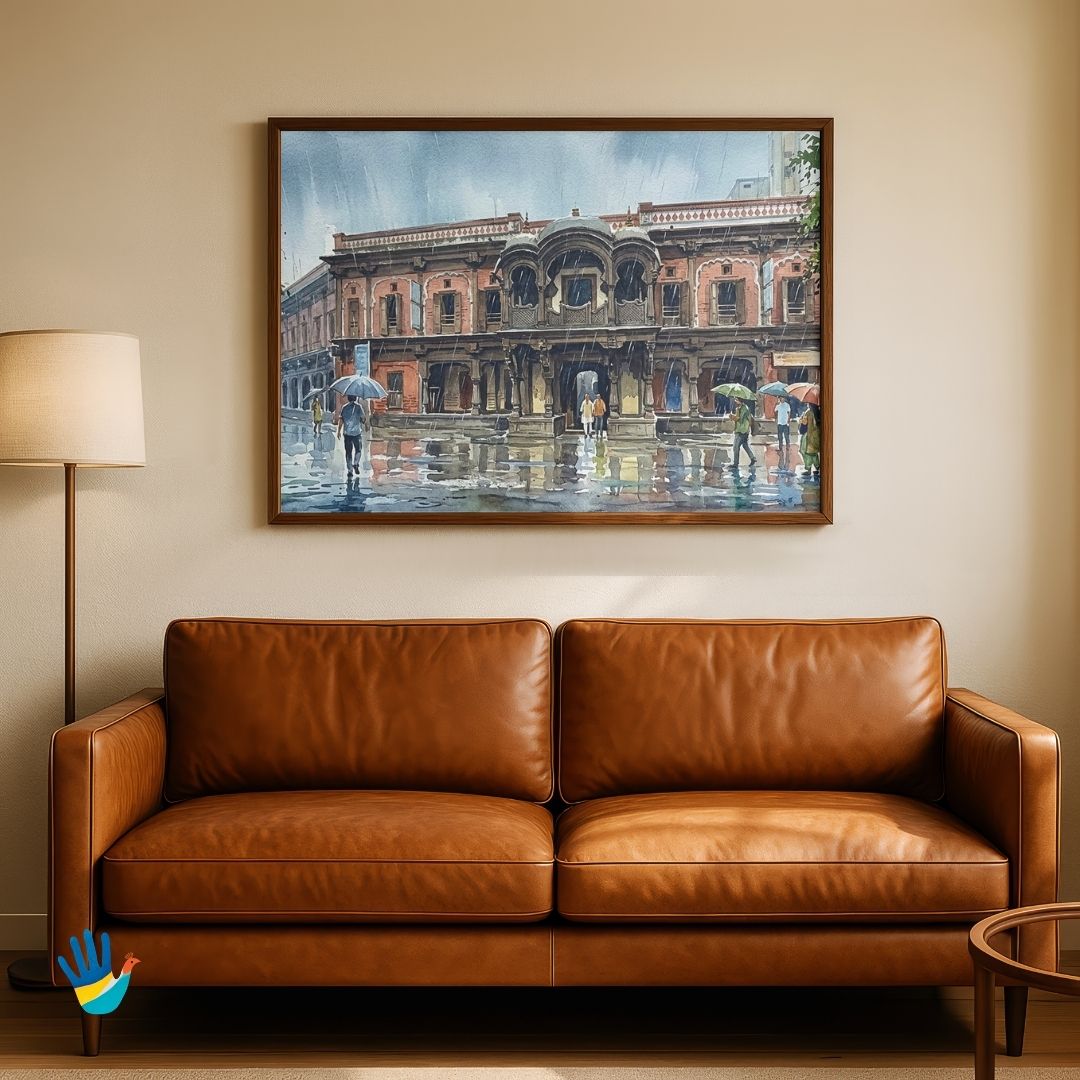 Vishrambaug Wada in the Rain | Pune Peshwa Architecture Watercolor Framed Art 4 : 3 Horizontal Premium Wall Art Canvas by MeriDeewar
