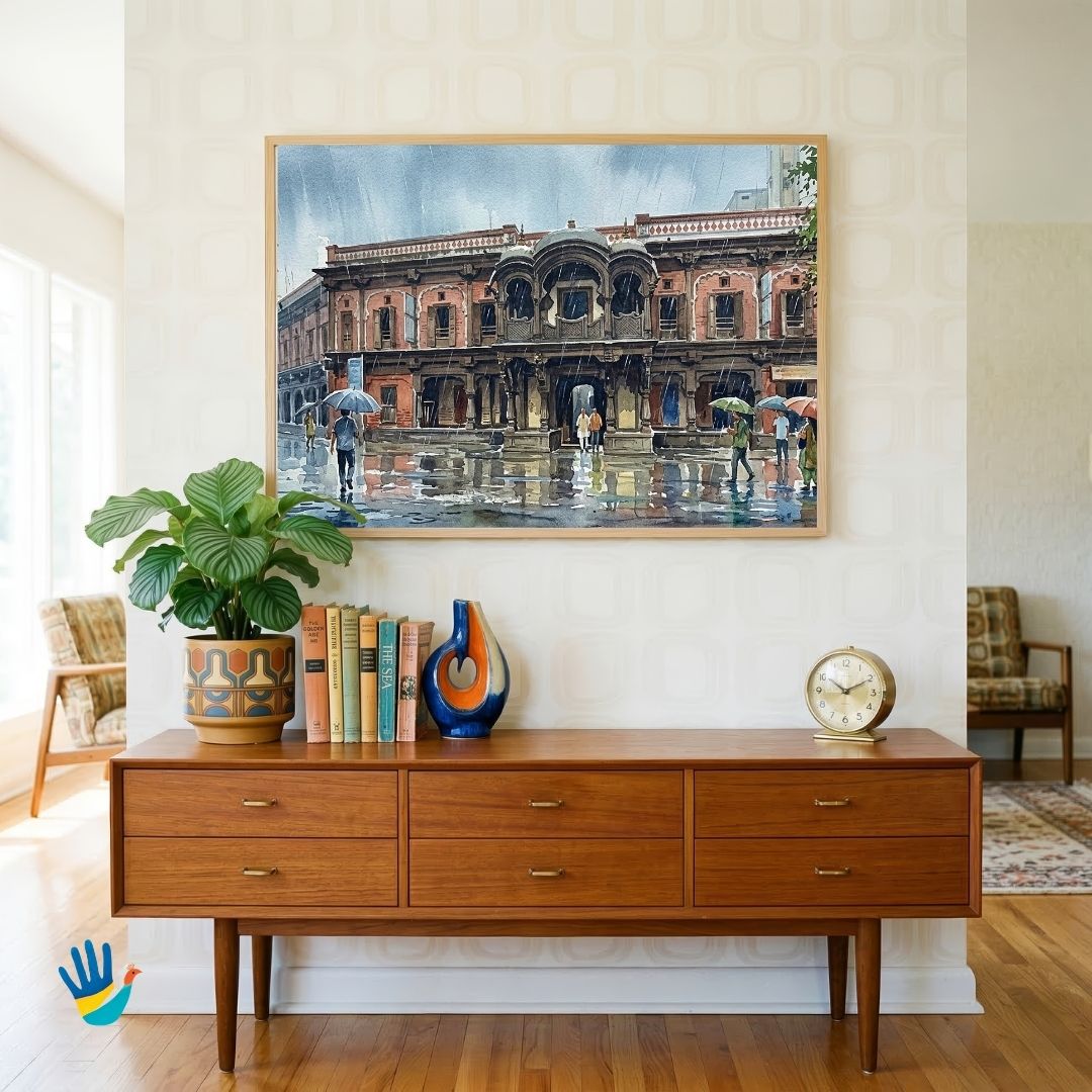 Vishrambaug Wada in the Rain | Pune Peshwa Architecture Watercolor Framed Art 4 : 3 Horizontal Premium Wall Art Canvas by MeriDeewar