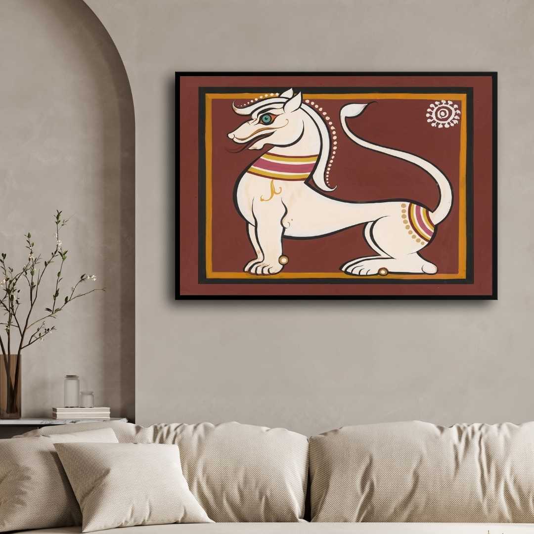 Vyala Mythical Creature Painting – Traditional Indian Folk Art for Living Room | Jamini Roy Style 3 : 2 Horizontal Premium Wall Art Canvas by MeriDeewar