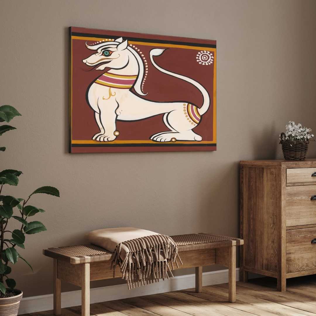 Vyala Mythical Creature Painting – Traditional Indian Folk Art for Living Room | Jamini Roy Style 3 : 2 Horizontal Premium Wall Art Canvas by MeriDeewar