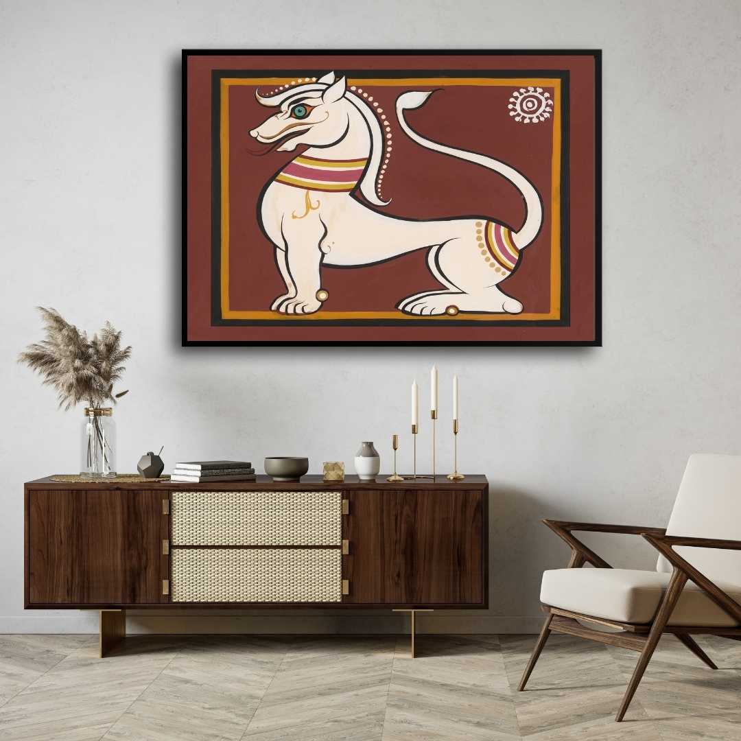 Vyala Mythical Creature Painting – Traditional Indian Folk Art for Living Room | Jamini Roy Style 3 : 2 Horizontal Premium Wall Art Canvas by MeriDeewar