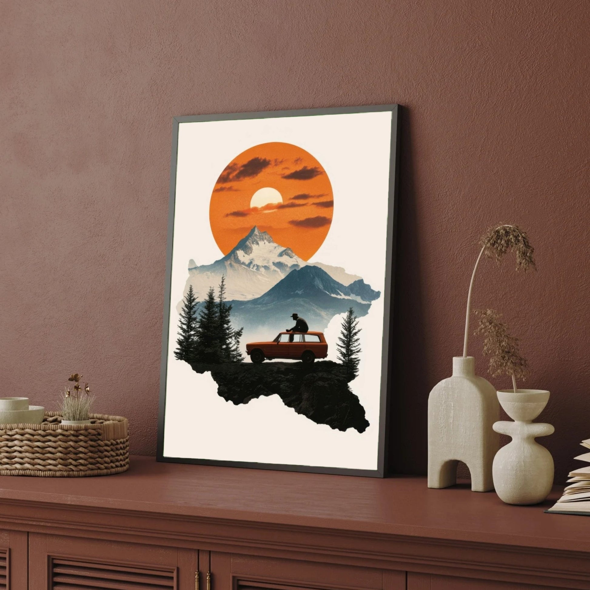 Wander Beyond – Mountain & Sunset Adventure Canvas Wall Art 2 : 3 Vertical Premium Wall Art Canvas by MeriDeewar