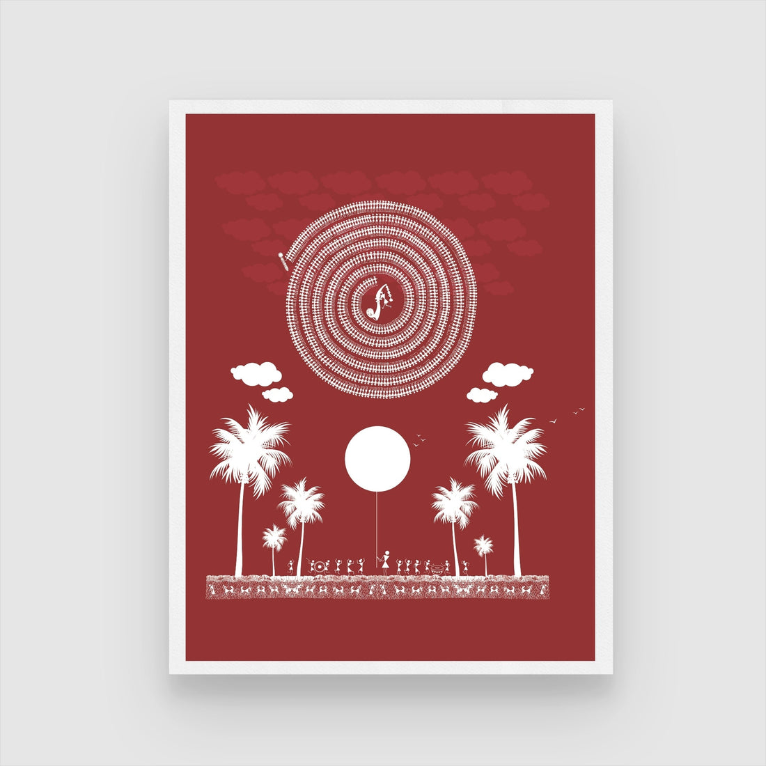 Warli Art Coconut Tree Garden Scene - Traditional Indian Painting 3 : 4 Vertical New Premium Wall Art Canvas by MeriDeewar