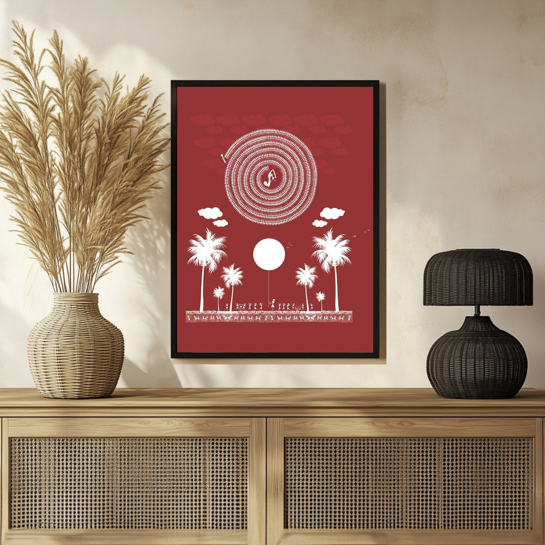 Warli Art Coconut Tree Garden Scene - Traditional Indian Painting 3 : 4 Vertical New Premium Wall Art Canvas by MeriDeewar