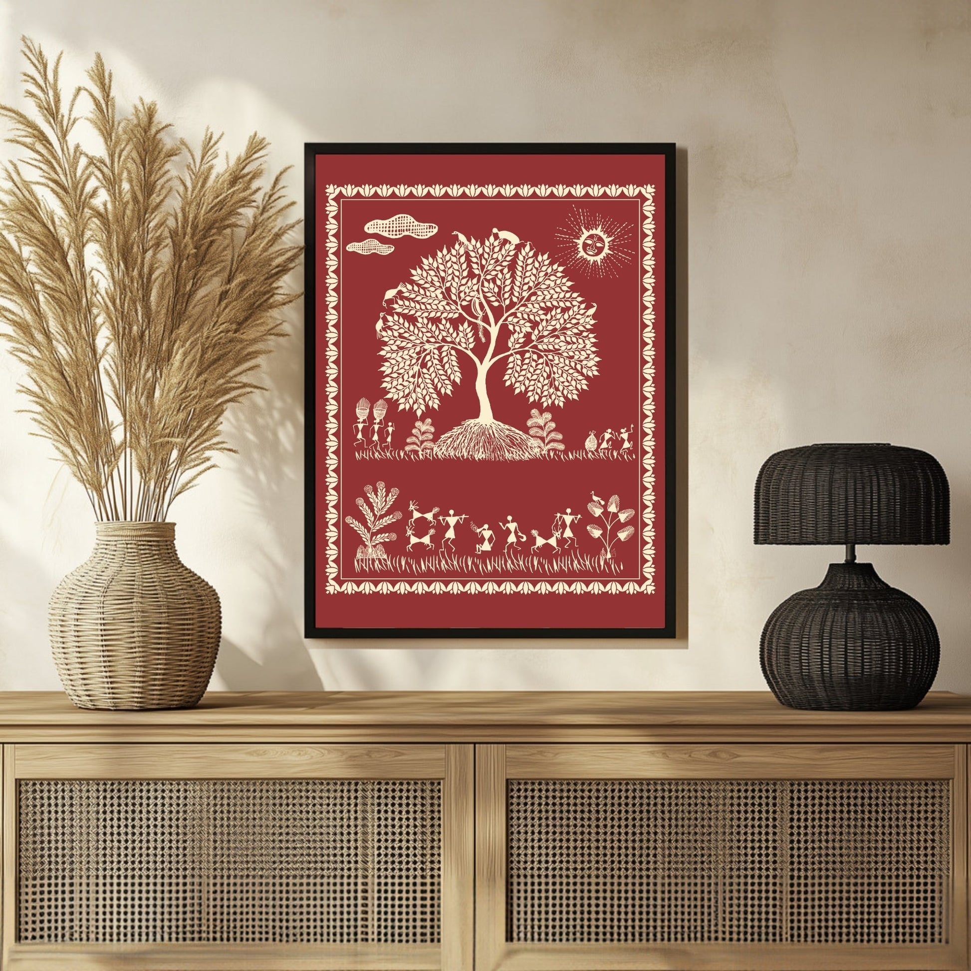 Warli Art PaintingCelebration in Tribal Village 3 : 4 Vertical New Premium Wall Art Canvas by MeriDeewar