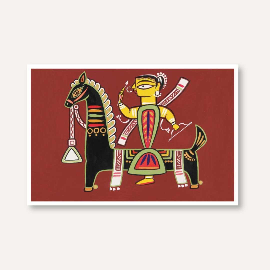 "Warrior on Horseback" Jamini Roy Painting | Fine Art Wall Art 3 : 2 Horizontal Premium Wall Art Canvas by MeriDeewar