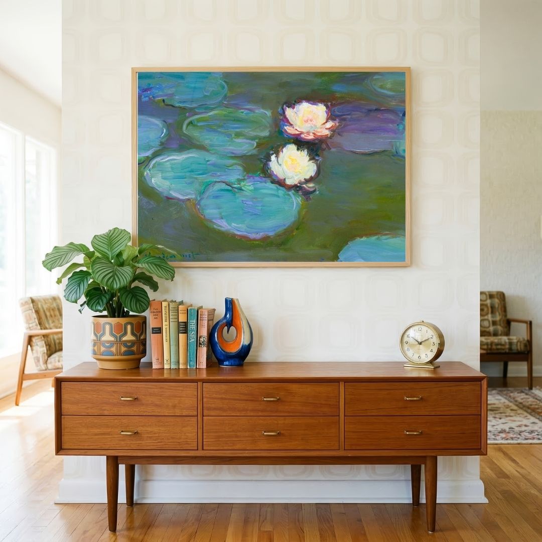 Water Lily Painting for Living Room | Monet Lotus Pond Impressionist Wall Art 2 : 1 Horizontal Premium Wall Art Canvas by MeriDeewar