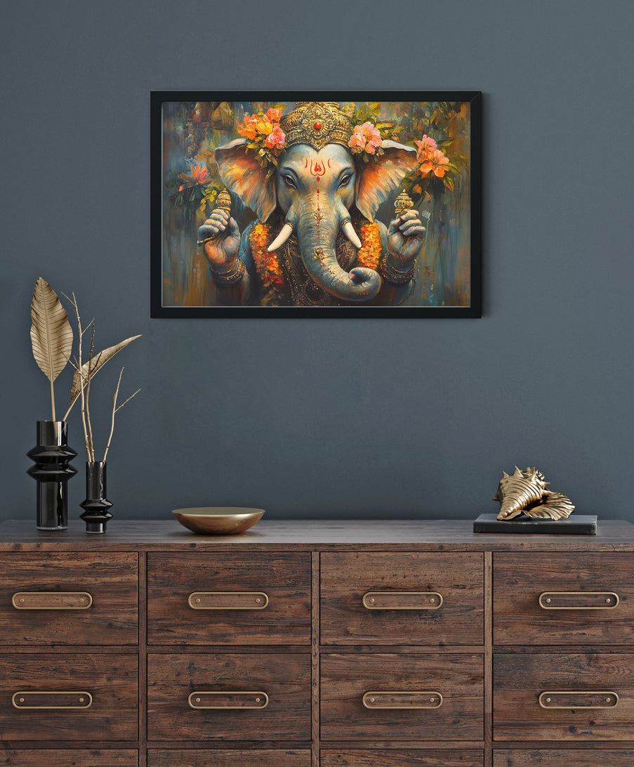 Watercolor painting of Ganesha with a crown and flowers Premium Wall Art Canvas by MeriDeewar
