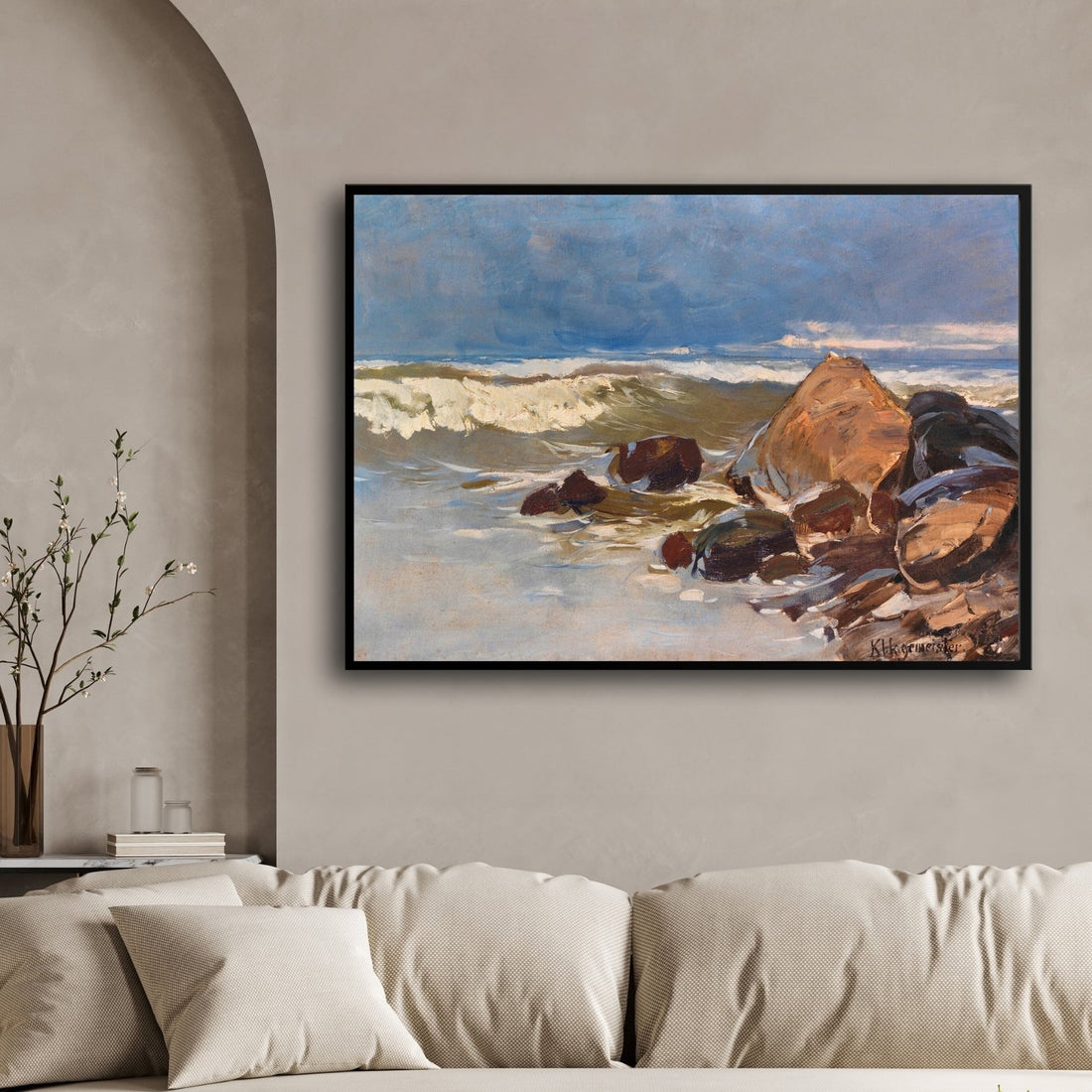 Waves & Rocks – Coastal Shoreline Seascape Painting 2 : 3 Horizontal Premium Wall Art Canvas by MeriDeewar