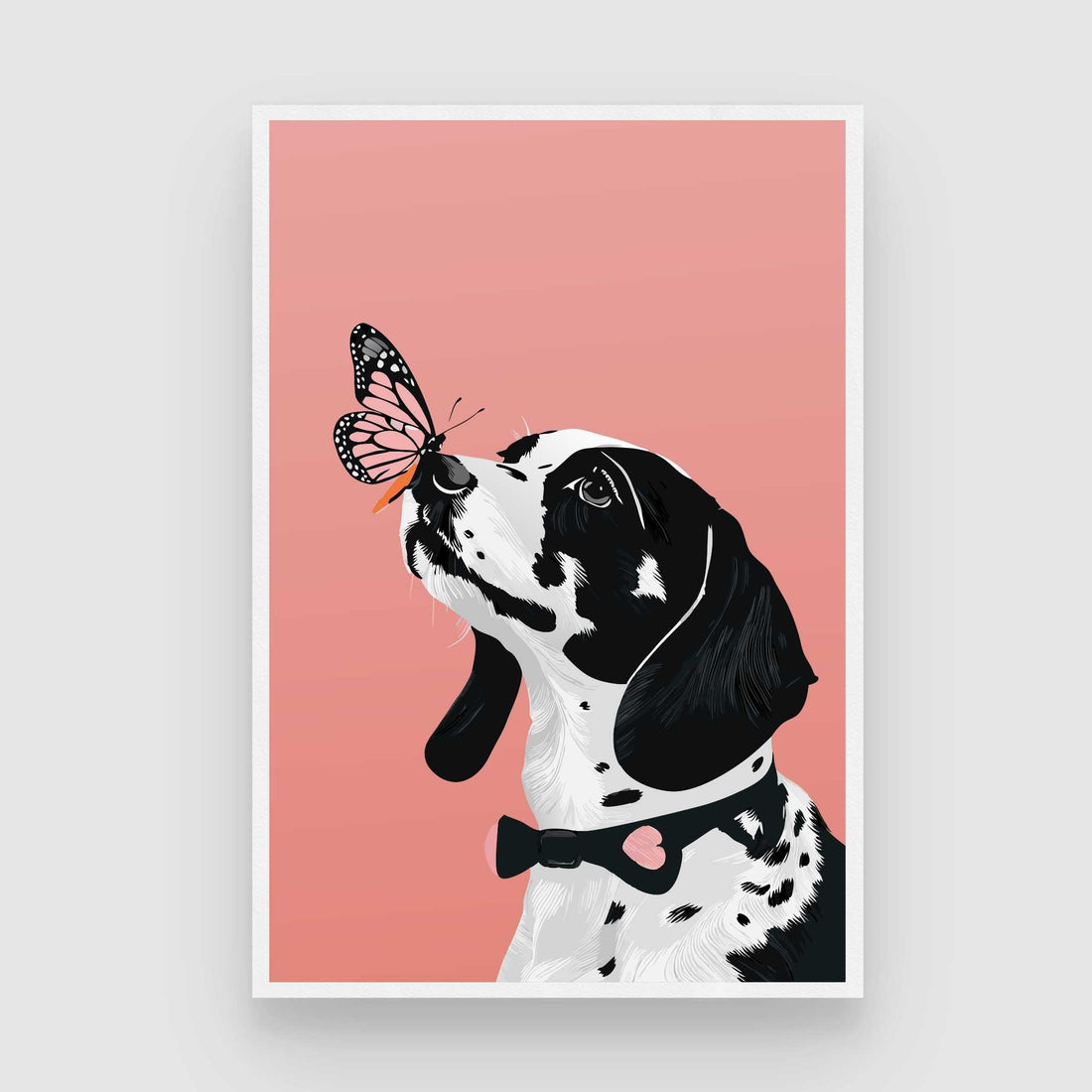 Whimsical Dog and Butterfly Wall Art | Pastel Pink Framed Print 2 : 3 Vertical Premium Wall Art Canvas by MeriDeewar