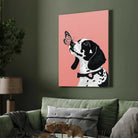 Whimsical Dog and Butterfly Wall Art | Pastel Pink Framed Print 2 : 3 Vertical Premium Wall Art Canvas by MeriDeewar