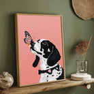 Whimsical Dog and Butterfly Wall Art | Pastel Pink Framed Print 2 : 3 Vertical Premium Wall Art Canvas by MeriDeewar