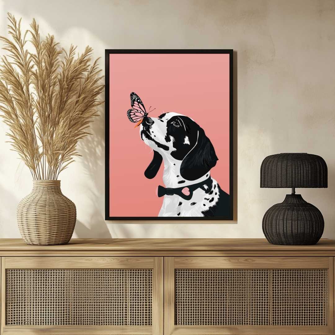 Whimsical Dog and Butterfly Wall Art | Pastel Pink Framed Print 2 : 3 Vertical Premium Wall Art Canvas by MeriDeewar
