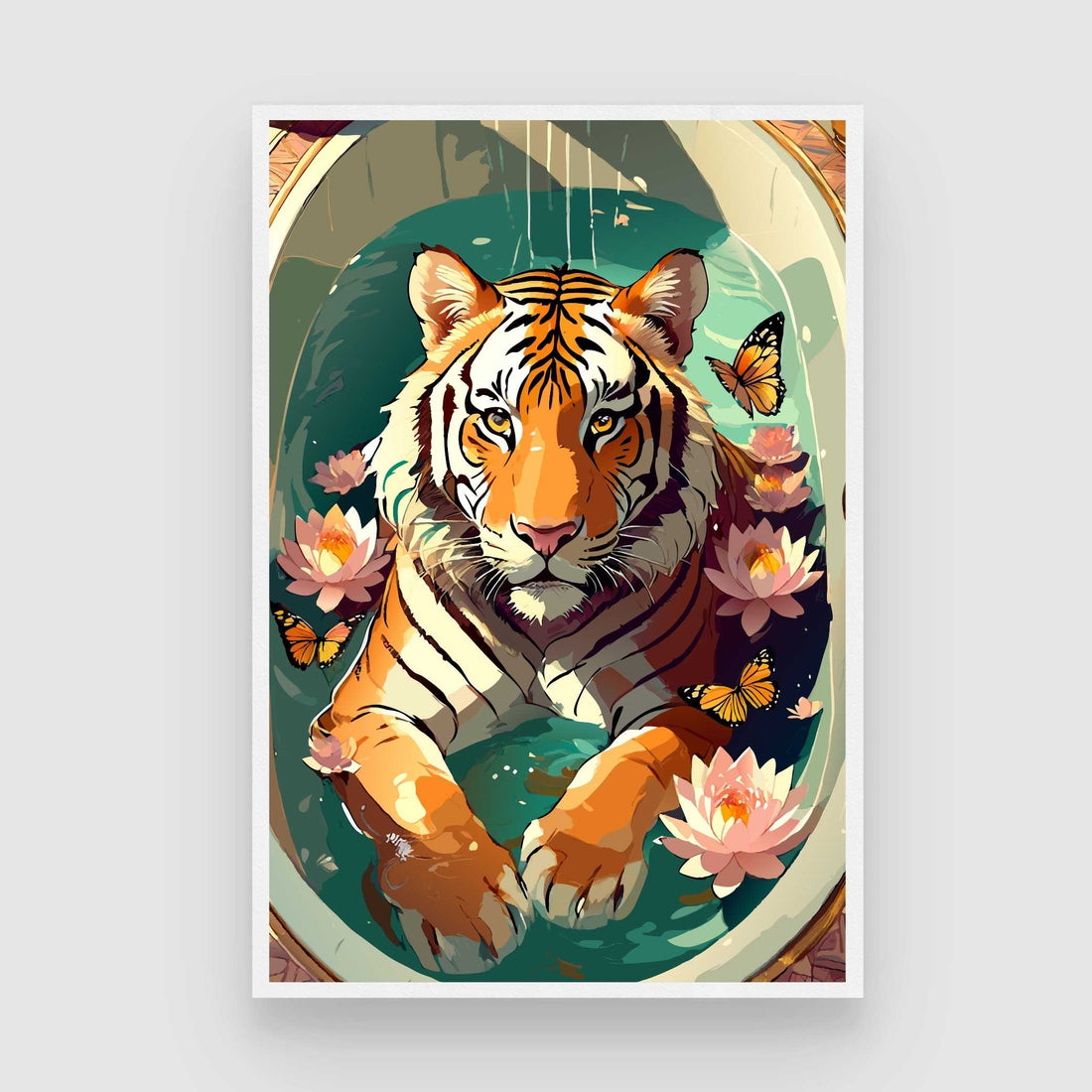 Whimsical Tiger in Bathtub Botanical Pop Art | Framed Print 2 : 3 Vertical Premium Wall Art Canvas by MeriDeewar