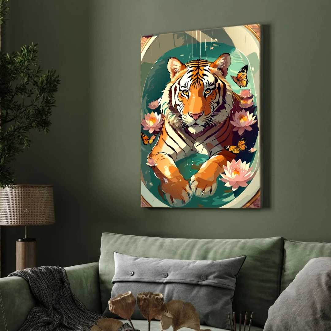 Whimsical Tiger in Bathtub Botanical Pop Art | Framed Print 2 : 3 Vertical Premium Wall Art Canvas by MeriDeewar