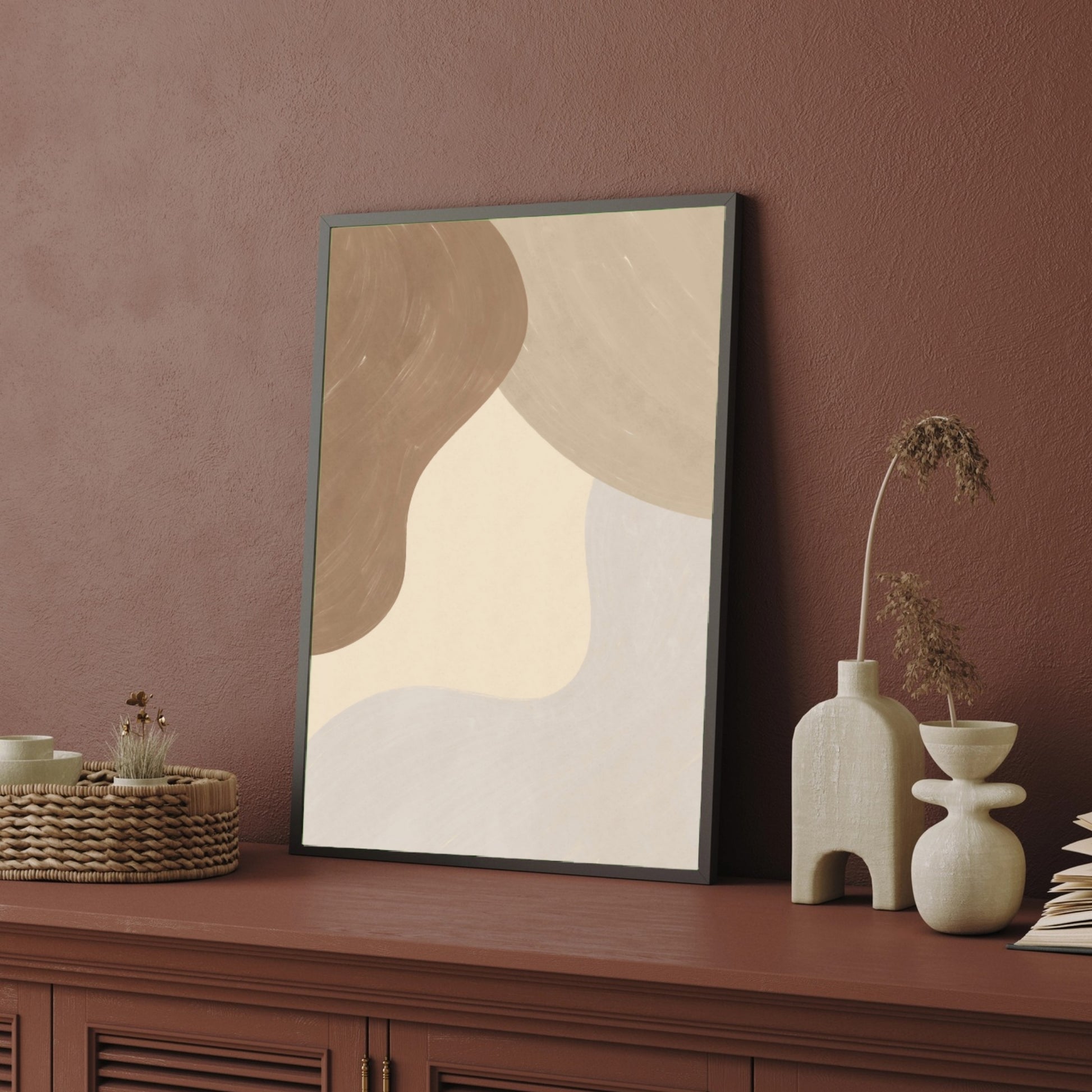 Whispered Silhouettes – Minimalist Line Art Abstract Giclée Print in Beige & Taupe Tones 2 : 3 Vertical Premium Wall Art Canvas by MeriDeewar
