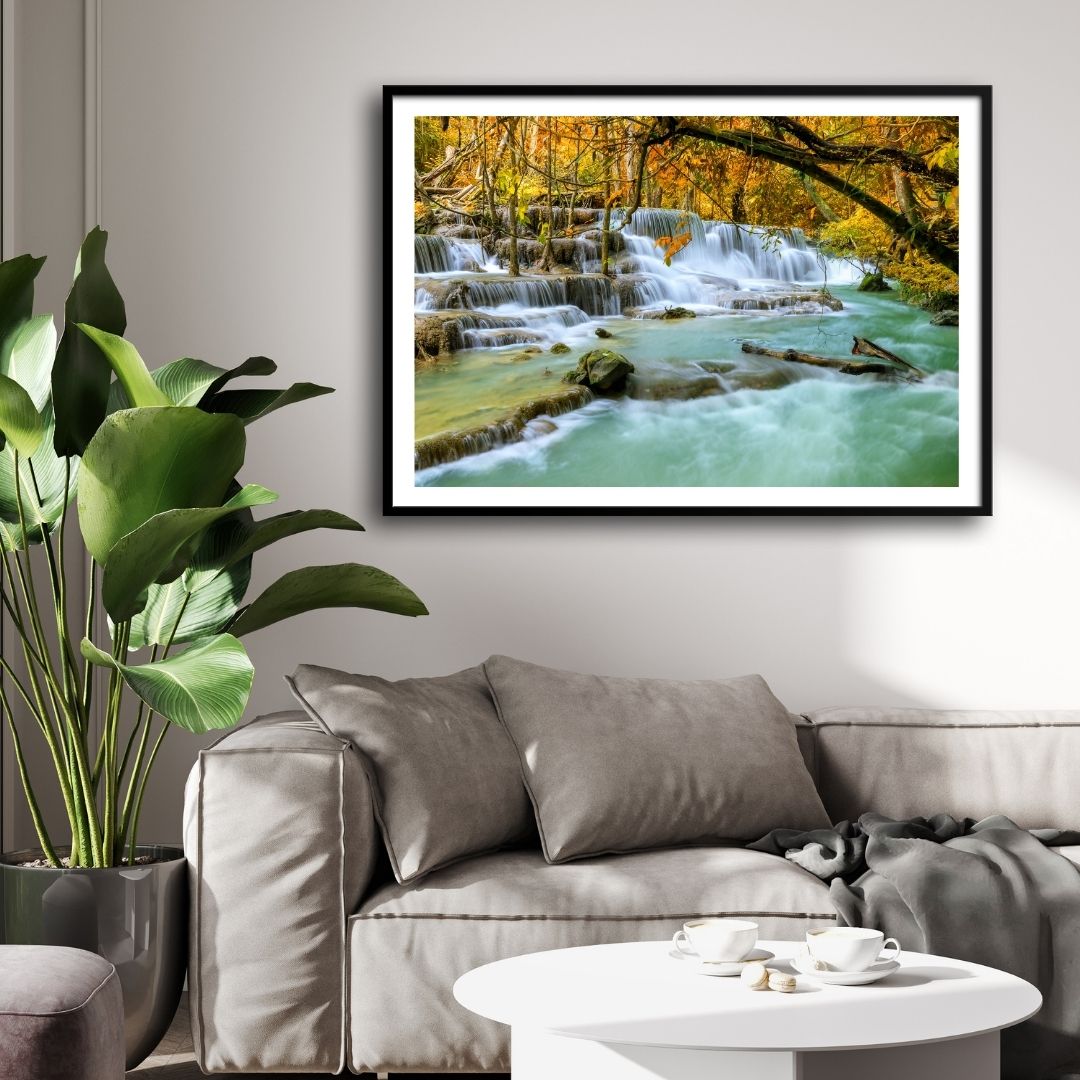 Whispering Cascade – Framed Waterfall Canvas Wall Art 2 : 3 Horizontal Premium Wall Art Canvas by MeriDeewar