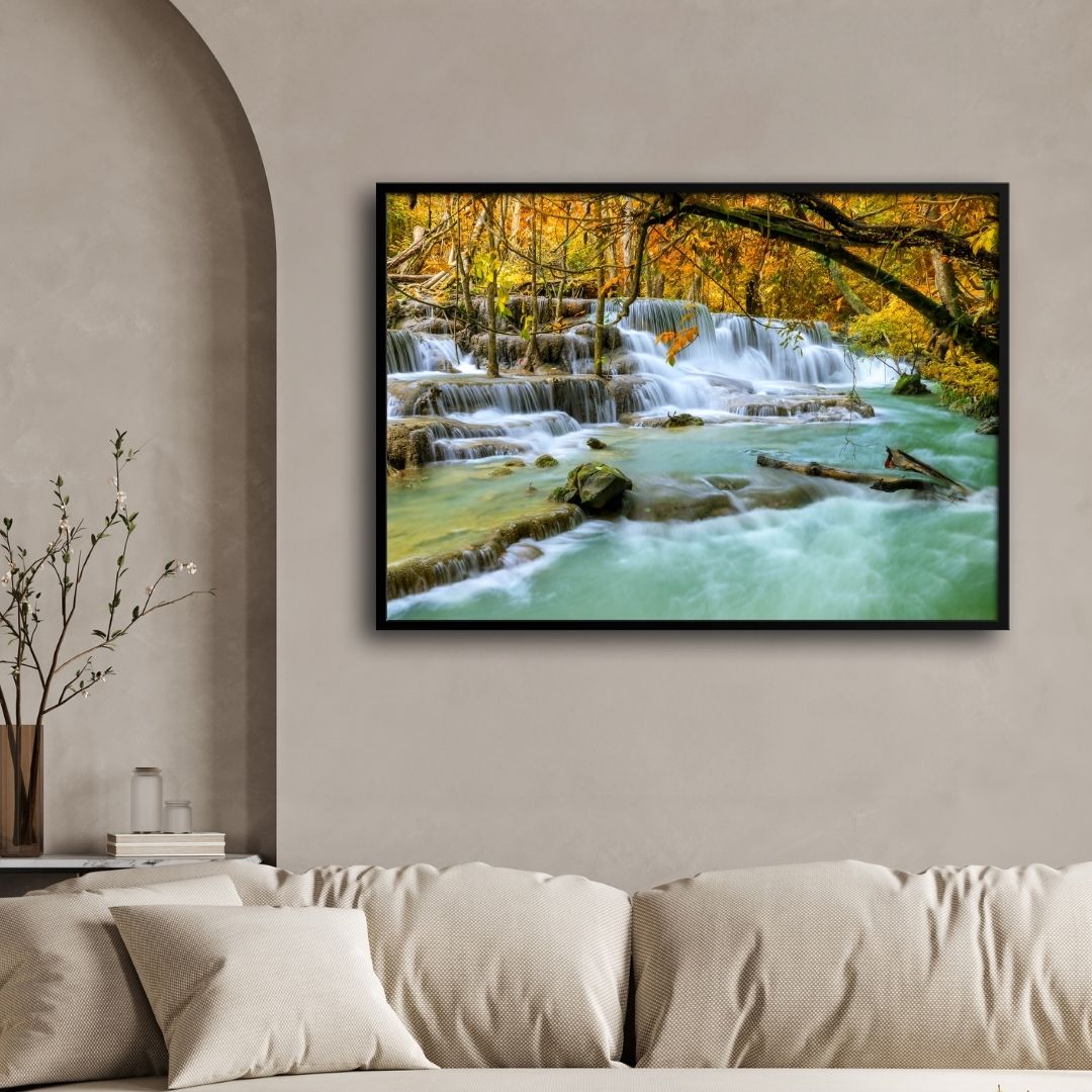 Whispering Cascade – Framed Waterfall Canvas Wall Art 2 : 3 Horizontal Premium Wall Art Canvas by MeriDeewar