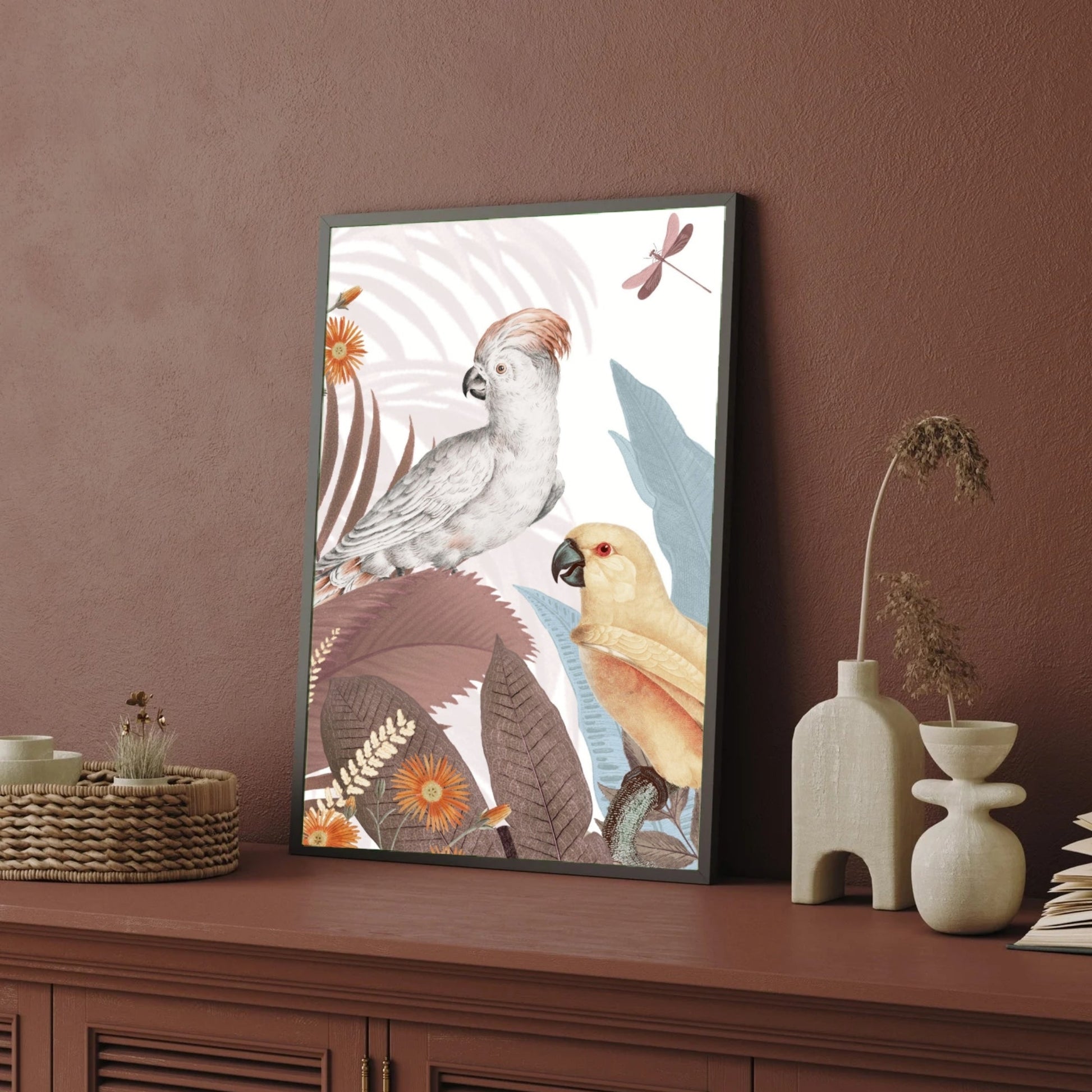 Whispering Tropics – Exotic Cockatoos & Botanical Elegance Wall Art 2 : 3 Vertical Premium Wall Art Canvas by MeriDeewar