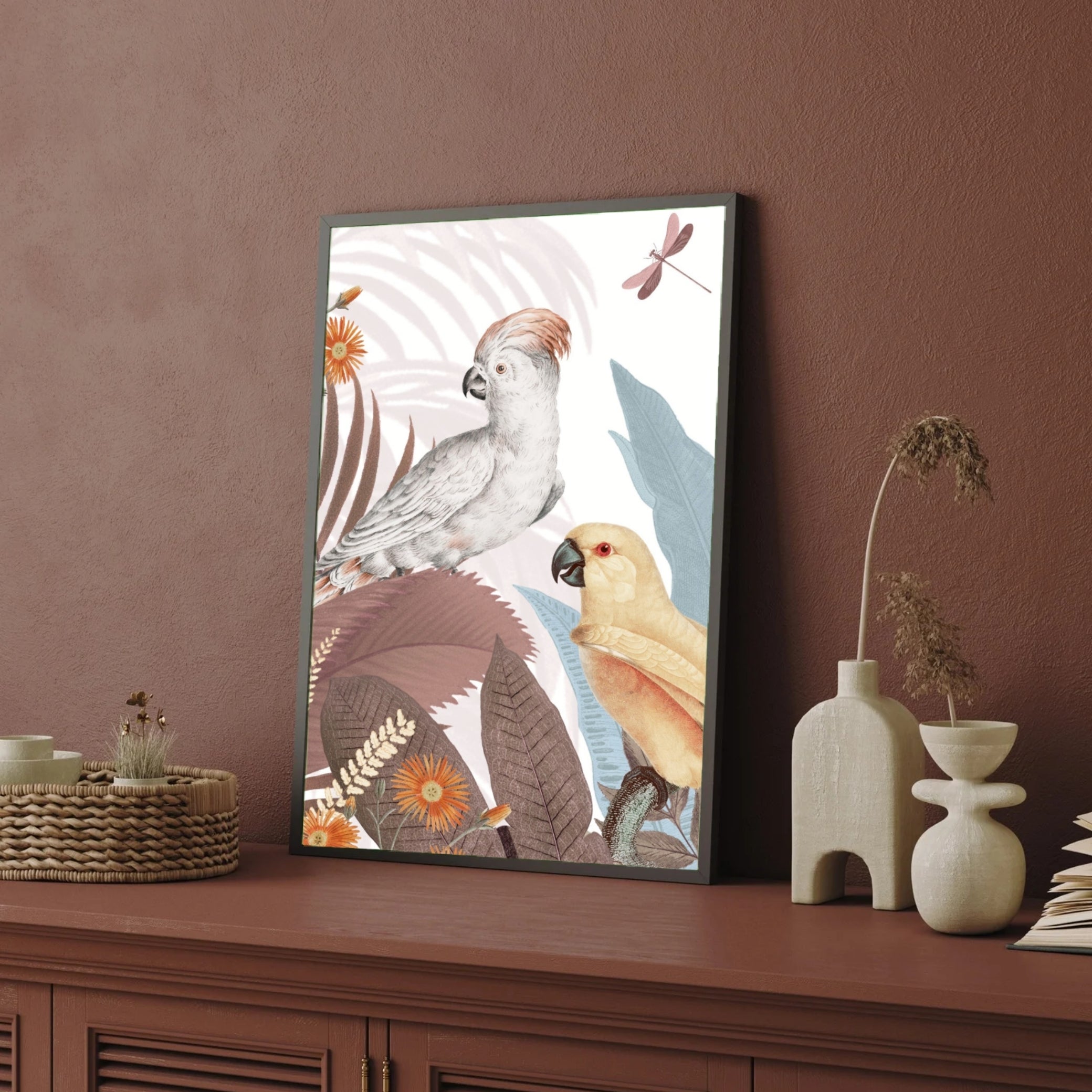 Whispering Tropics – Exotic Cockatoos & Botanical Elegance Wall Art 2 : 3 Vertical Premium Wall Art Canvas by MeriDeewar