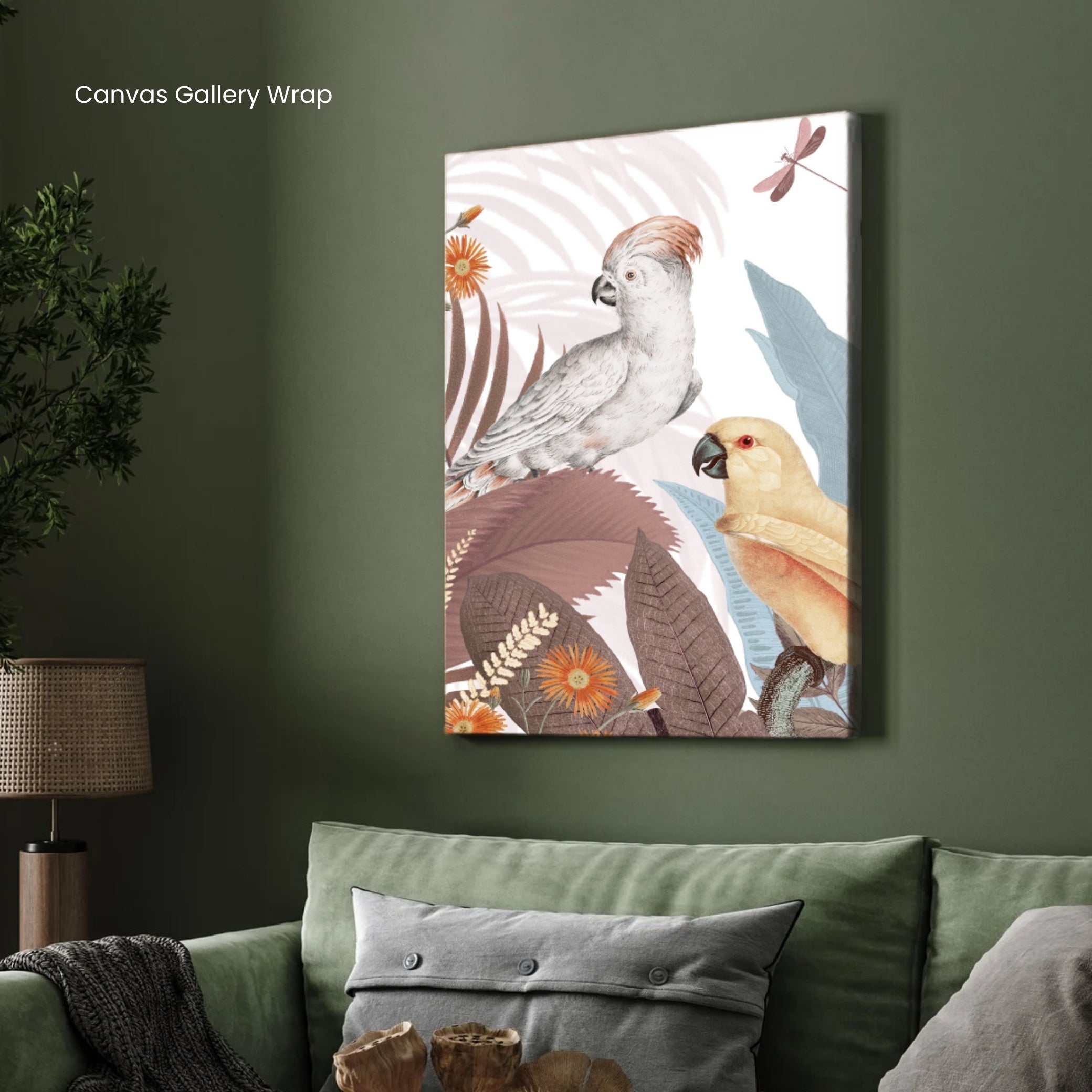 Whispering Tropics – Exotic Cockatoos & Botanical Elegance Wall Art 2 : 3 Vertical Premium Wall Art Canvas by MeriDeewar