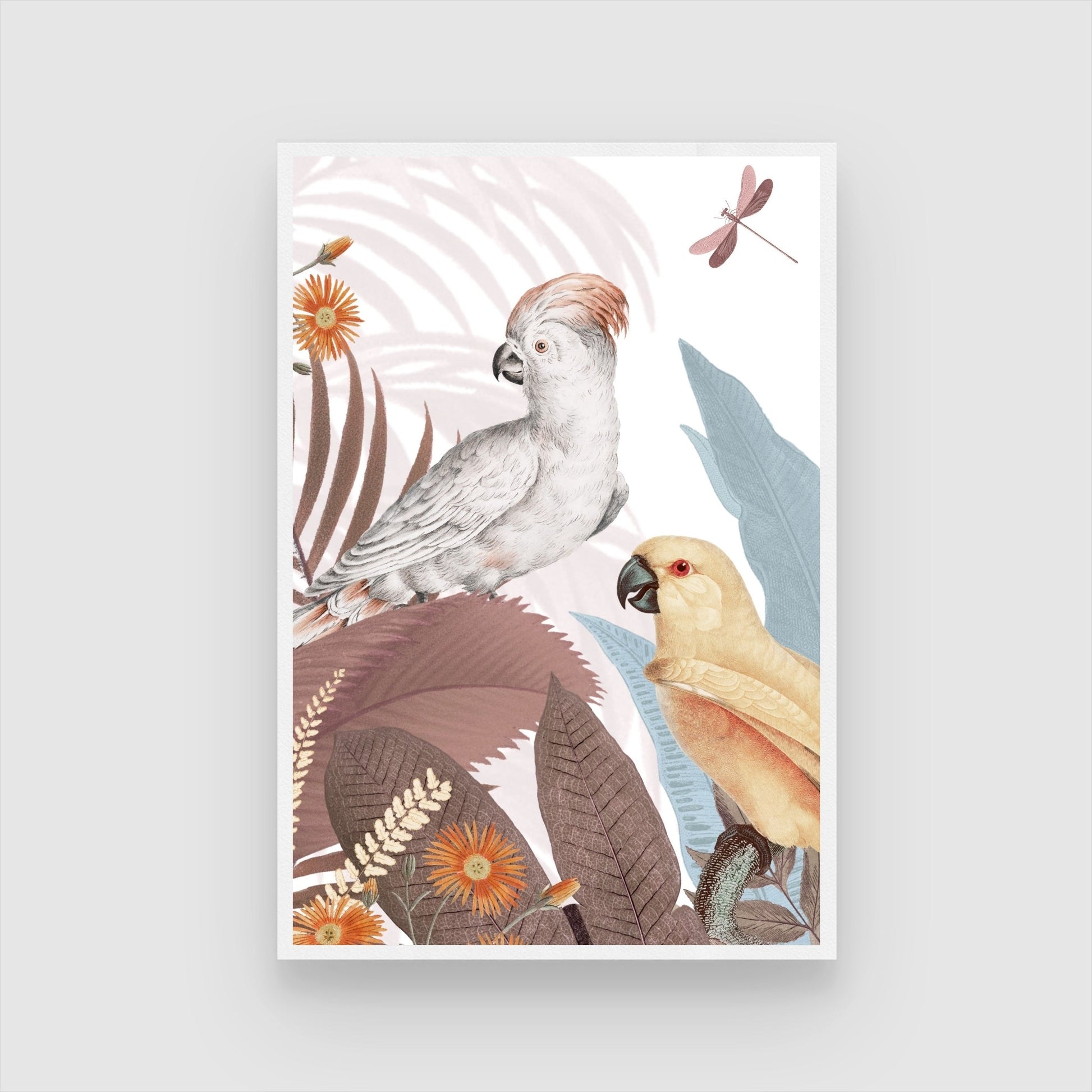 Whispering Tropics – Exotic Cockatoos & Botanical Elegance Wall Art 2 : 3 Vertical Premium Wall Art Canvas by MeriDeewar