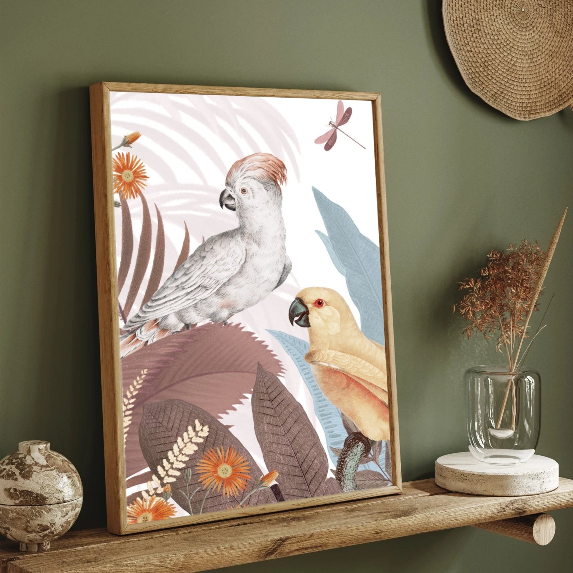 Whispering Tropics – Exotic Cockatoos & Botanical Elegance Wall Art 2 : 3 Vertical Premium Wall Art Canvas by MeriDeewar