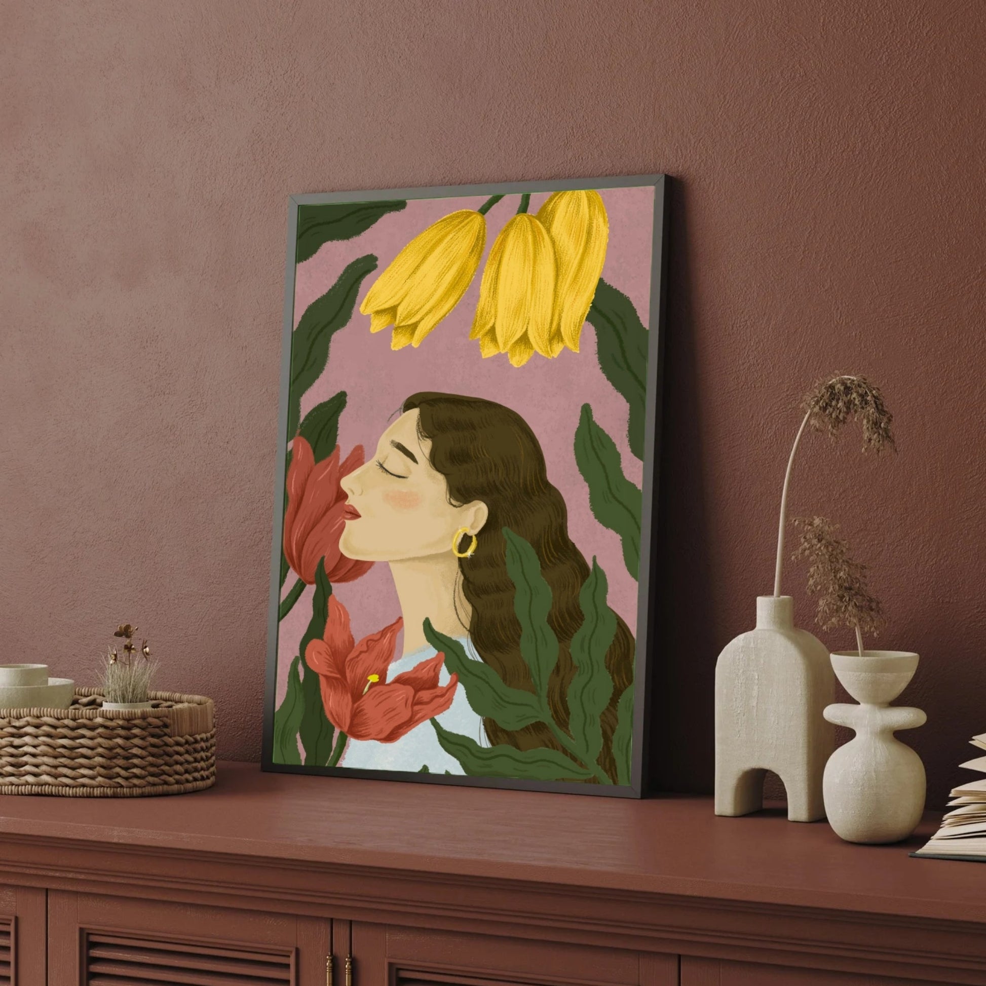 Whispers of Bloom – Woman with Flowers Wall Art Print 2 : 3 Vertical Premium Wall Art Canvas by MeriDeewar