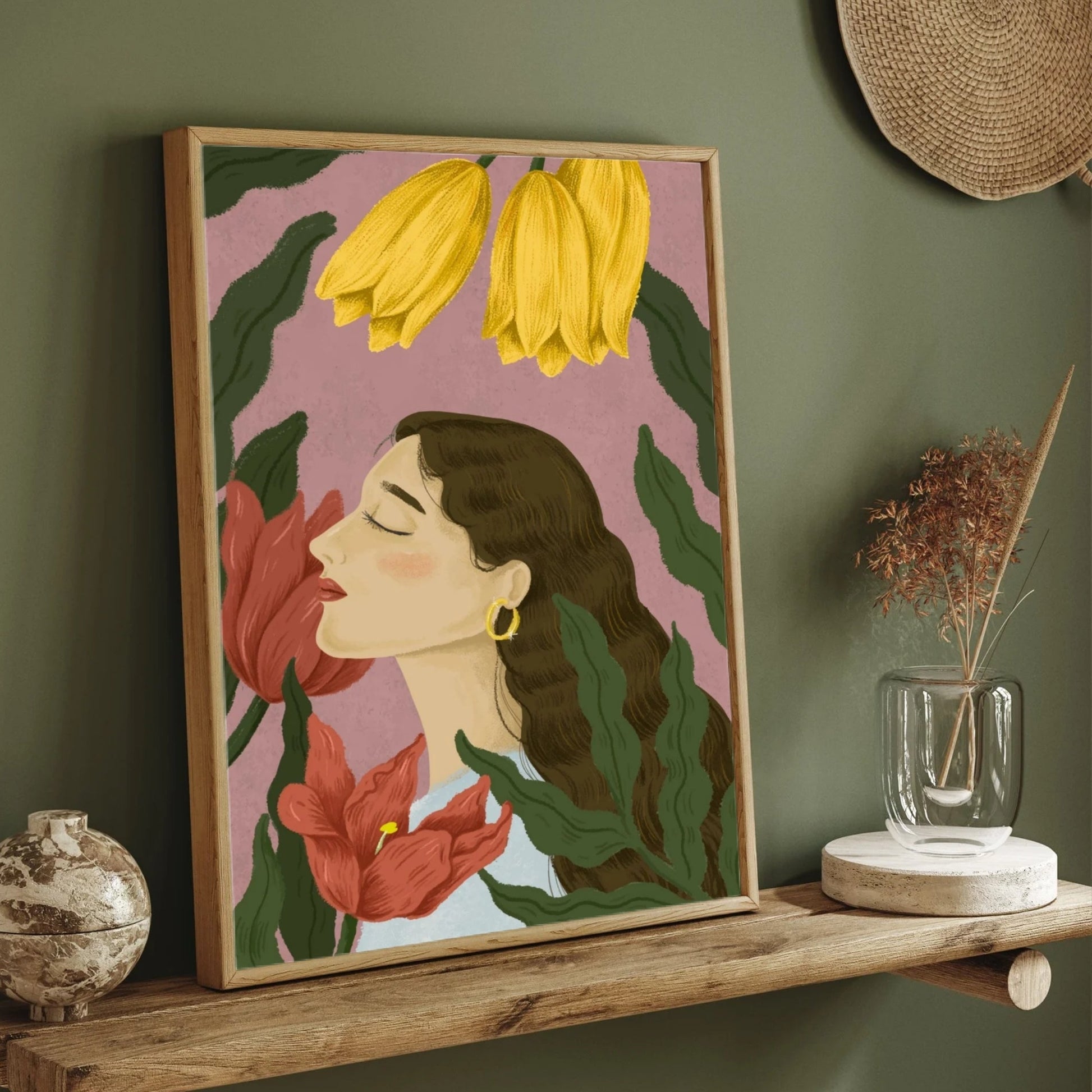 Whispers of Bloom – Woman with Flowers Wall Art Print 2 : 3 Vertical Premium Wall Art Canvas by MeriDeewar